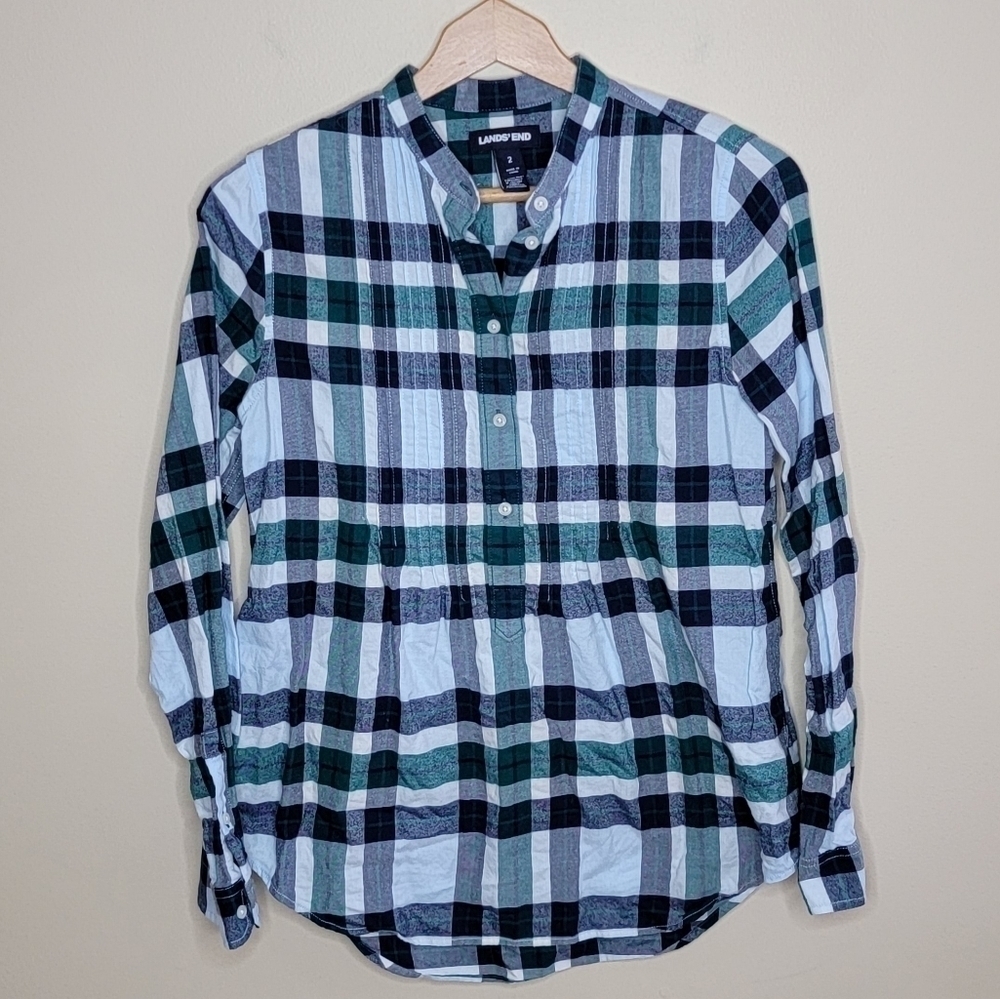Lands' End | Navy Green White Plaid Popover Shirt